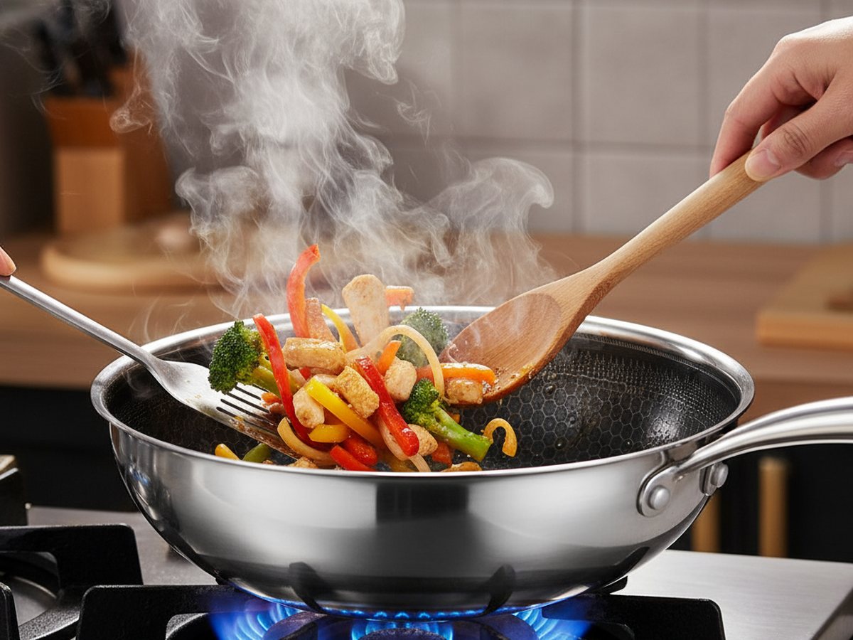 Gemüse wird im FIXLINE Wok über der Gasflamme geschwenkt